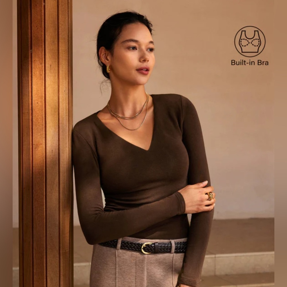OGL ProWarm V-Neck Ruched Sides Brami Top Chocolate Brown Size XS